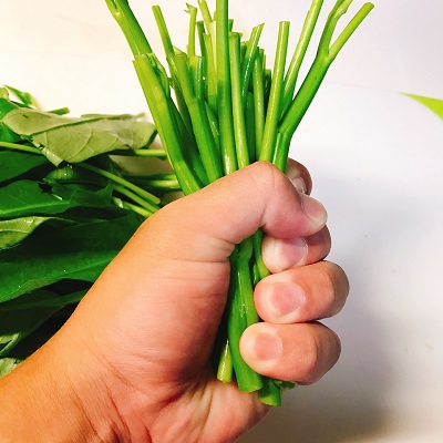 空芯菜の茎を握って割れ目を入れる