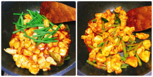 レッドカレーペーストとささ身、いんげんを炒める