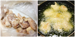 片栗粉をまぶした鶏肉を揚げる