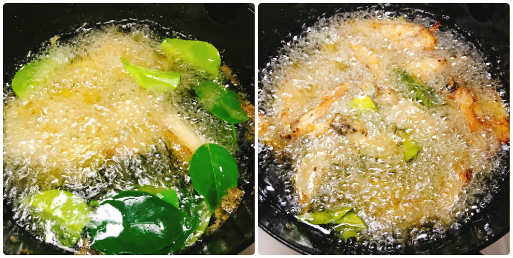 油で揚げる手羽先とライムリーフ