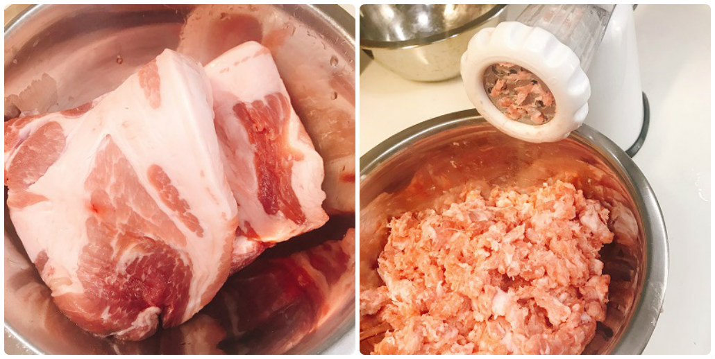 ミンサーにかける豚肉