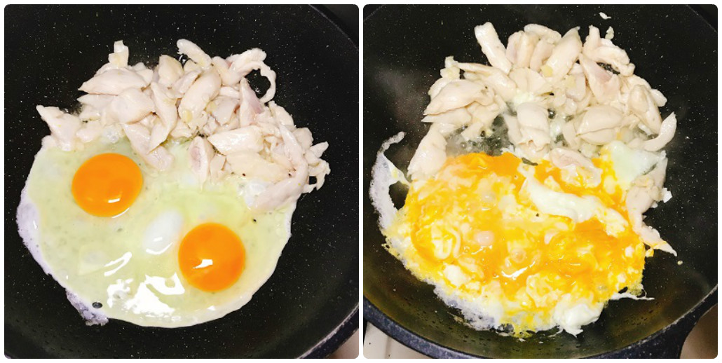 卵を割り入れささ身と炒める