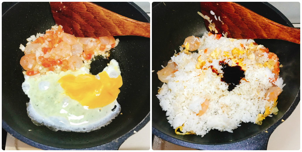 卵、ご飯を入れて炒める