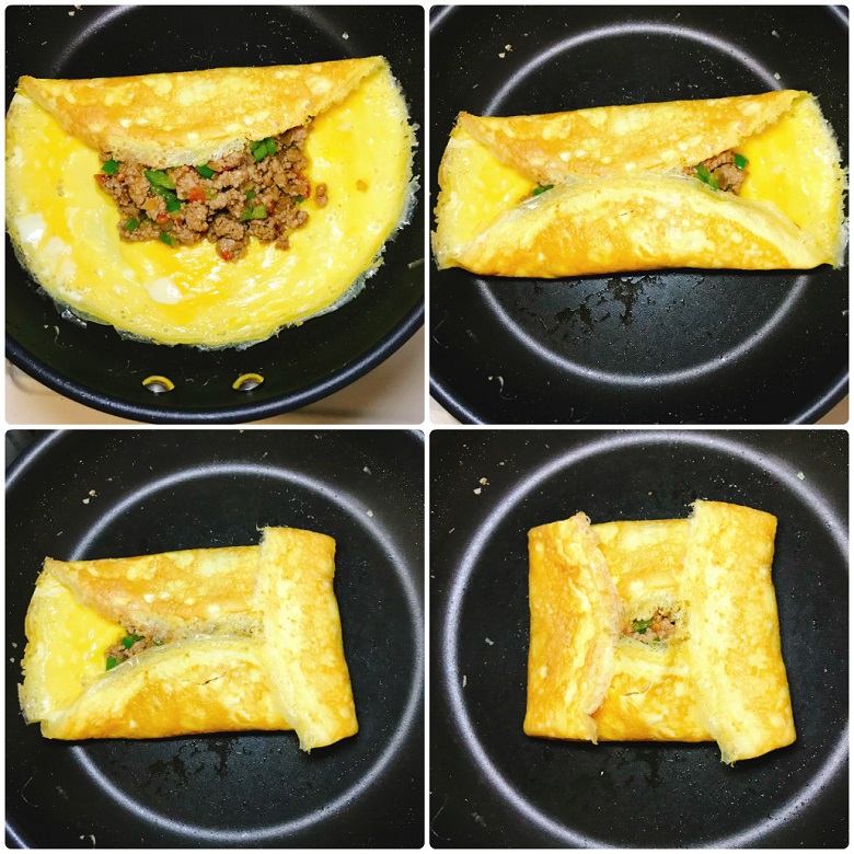 薄焼き卵を折って具材を包み込んでいく