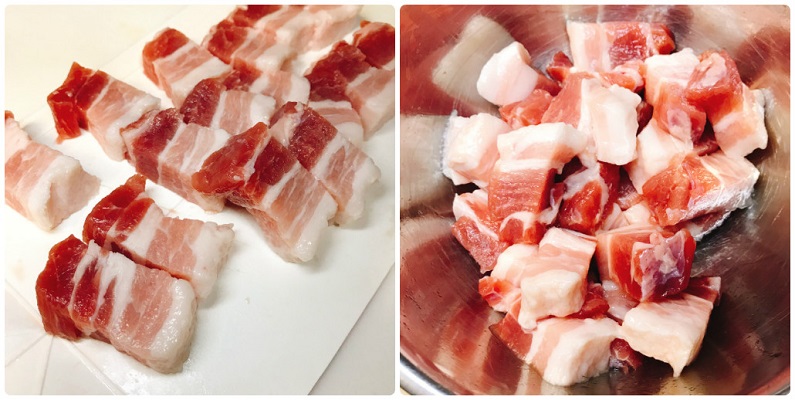 一口サイズに切った豚肉に下味をつける