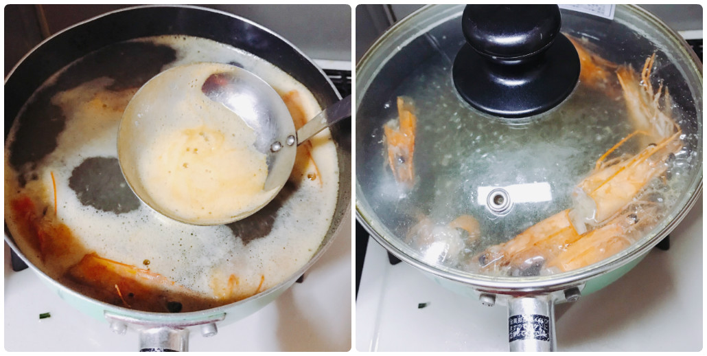 海老の頭を煮込んで出汁を取る