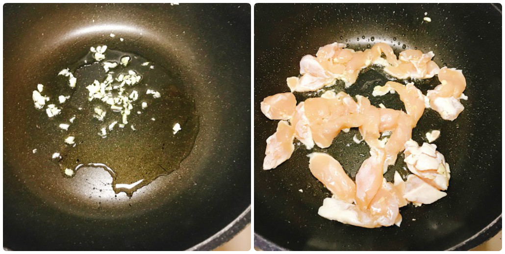 フライパンで炒めるニンニクと鶏ささみ