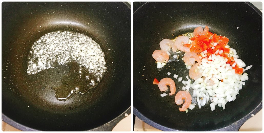 ニンニクと海老、玉葱、トマトを炒める