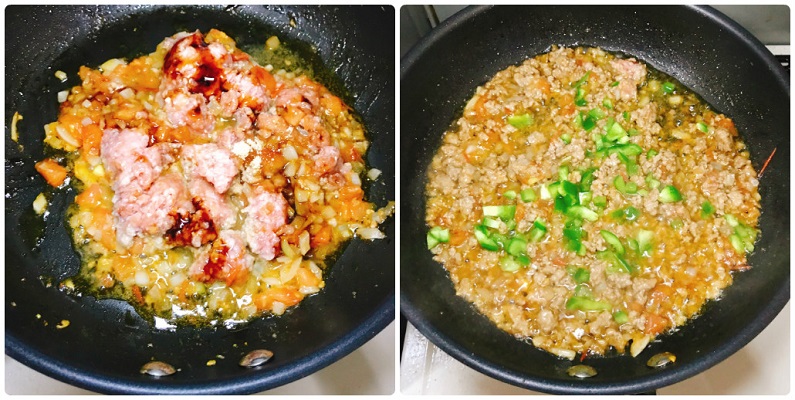 豚挽き肉と野菜を炒める