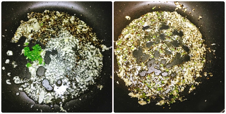 香り立つまで炒める黒胡椒、ニンニク、パクチー