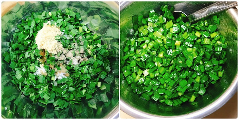 下味調味料を入れて和えるニラ