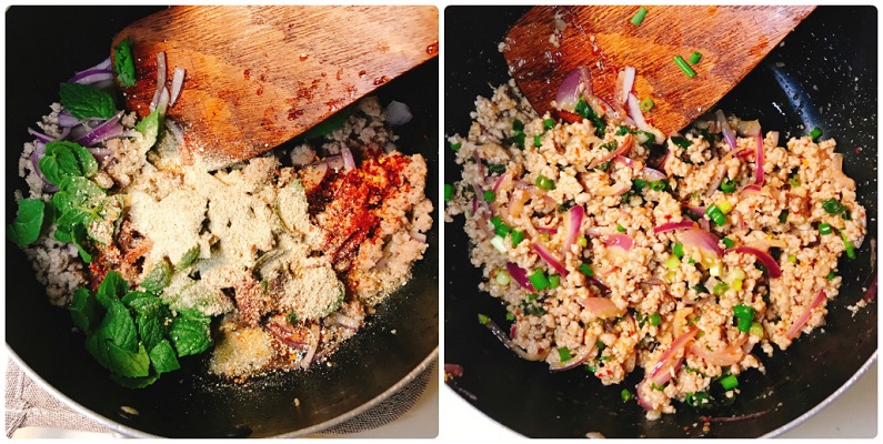 材料全てを入れ和える豚挽き肉サラダ