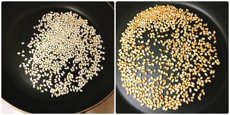 フライパンで米を乾煎りし煎り米を作る
