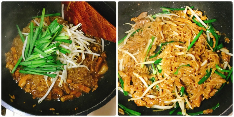 もやし、ニラを入れて炒めるタイ風焼きそば