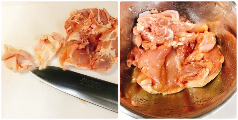 下処理をしてナンプラーで下味をつける鶏肉