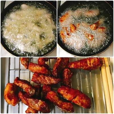 しっかり色づくまで素揚げする豚肉