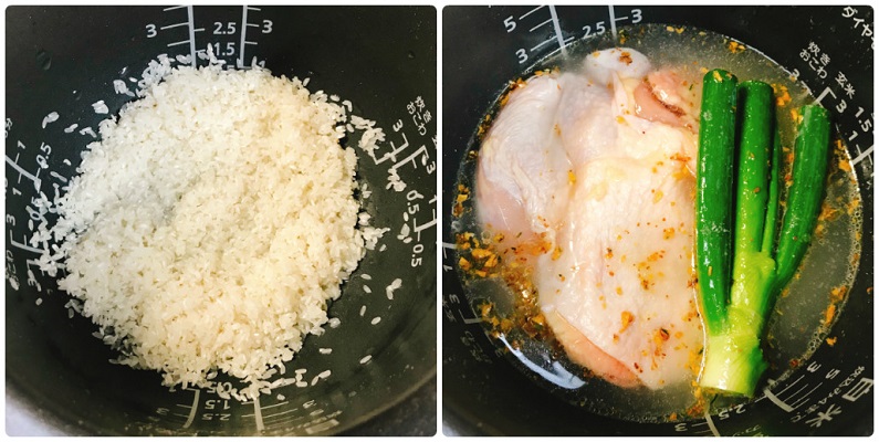 炊飯器に入れる蒸し鶏ご飯材料