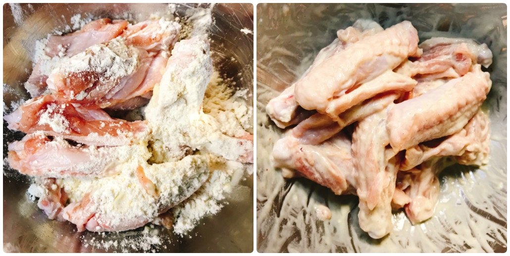 天麩羅粉と炭酸水を揉み込む手羽先