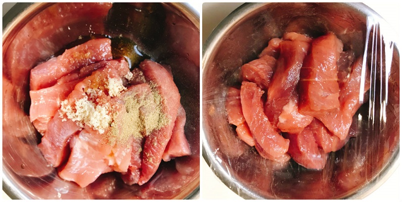 下味をつけてラップをした豚肉が入ったボウル