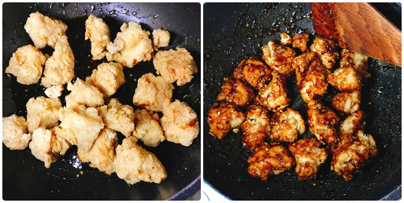 ソースを和える唐揚げ