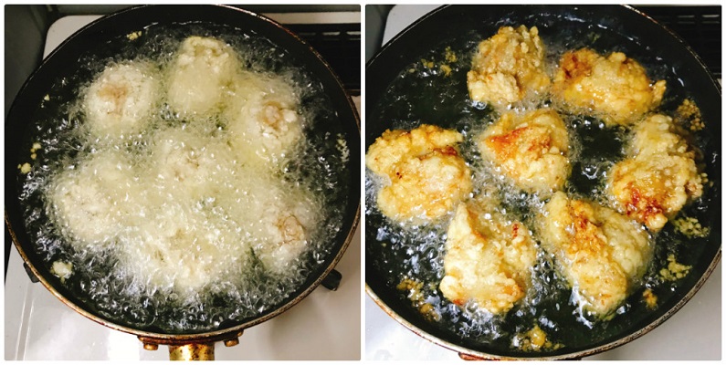 油で揚げるグリーンカレー唐揚げ