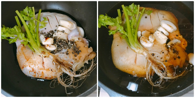 鍋に入れた鳥足のナンプラー煮材料