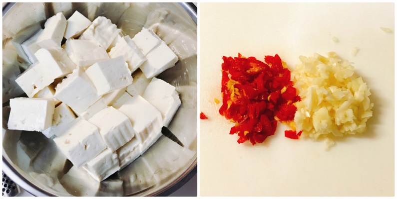 さいの目に切った豆腐とみじん切りにした唐辛子とニンニク