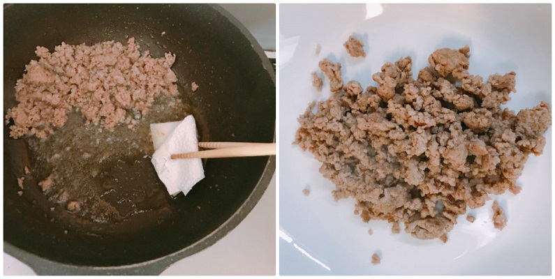 炒めて皿に上げる挽肉