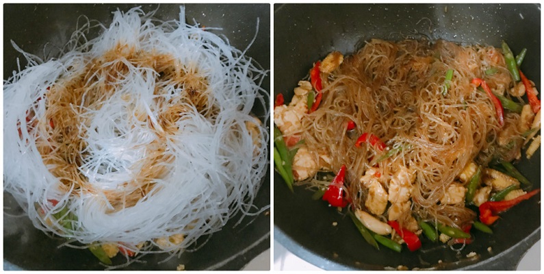 春雨を入れソースをかけて炒める