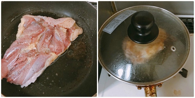 フライパンで焼く親鳥